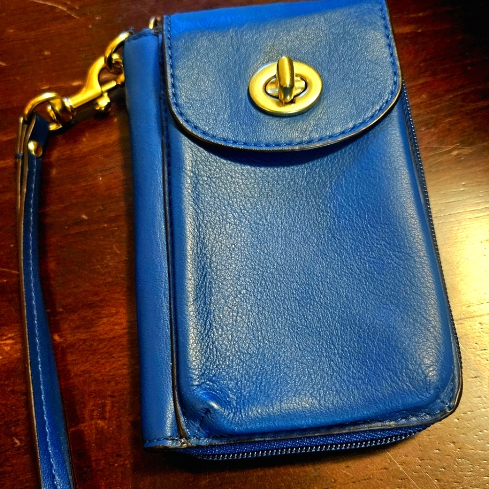 Blue COACH Leather Phone Wristlet Wallet